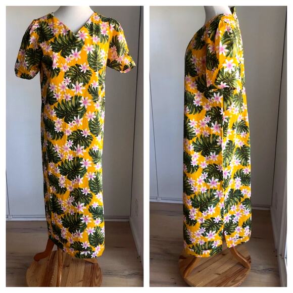 Vintage Hawaiian Mumu Dress Midi Yellow Pink Tropical Print Vacation Size Medium - Picture 10 of 11
